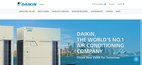 Daikin air conditioning units with an urban skyline in the background.