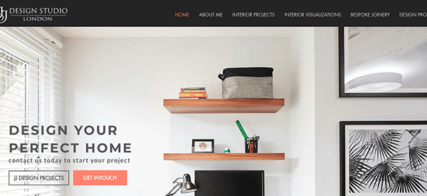 A home design website with a black and white background.