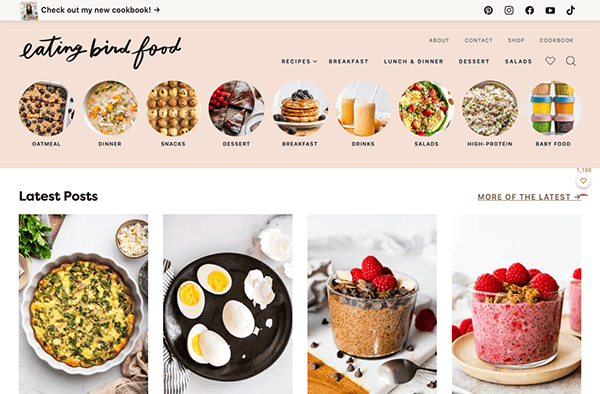 Cooking blog homepage featuring images of healthy meals and recipes including kale quiche and chia pudding.