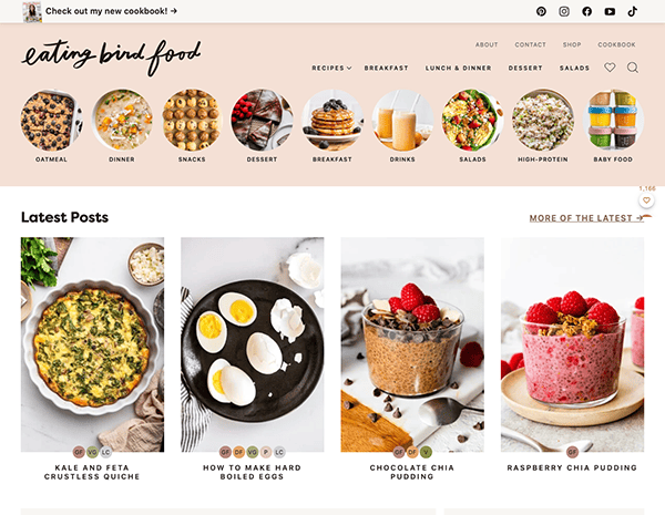 Cooking blog homepage featuring images of healthy meals and recipes including kale quiche and chia pudding.