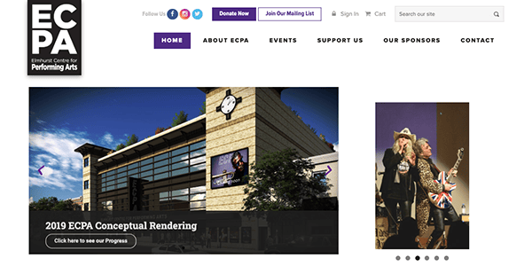 Website homepage of the eau claire center for performing arts featuring a conceptual rendering of the building and a photograph from a live performance.