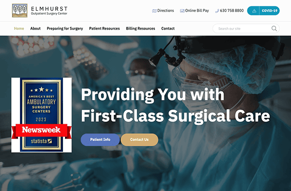 Surgeons in an operating room featured on a healthcare website's homepage promoting first-class surgical care.