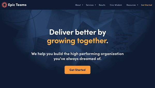 Website homepage header with a slogan "deliver better by growing together" promoting team-building services.