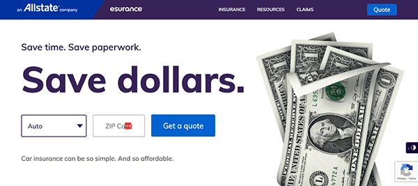 A webpage for esurance, an allstate company, with a headline reading "save dollars." and imagery of us dollar bills fanned out in the background, advertising savings on car insurance.