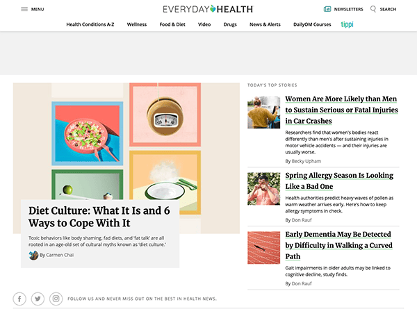 A screenshot of the 'everyday health' website homepage featuring health-related articles, including topics on diet culture and seasonal allergies.