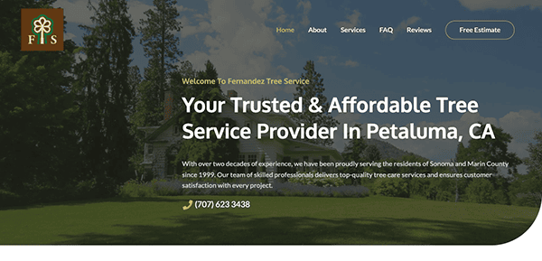 A screenshot of the homepage for fernandez tree service, showcasing their tagline as a trusted and affordable tree service provider in petaluma, ca.