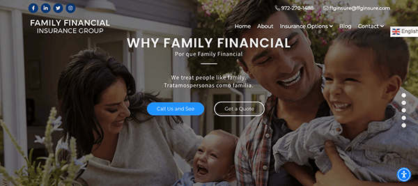 A family of four, with a man, woman, and two children, smiling and engaging playfully outdoors, overlaid with the website interface for "family financial insurance group" including navigation tabs and calls.