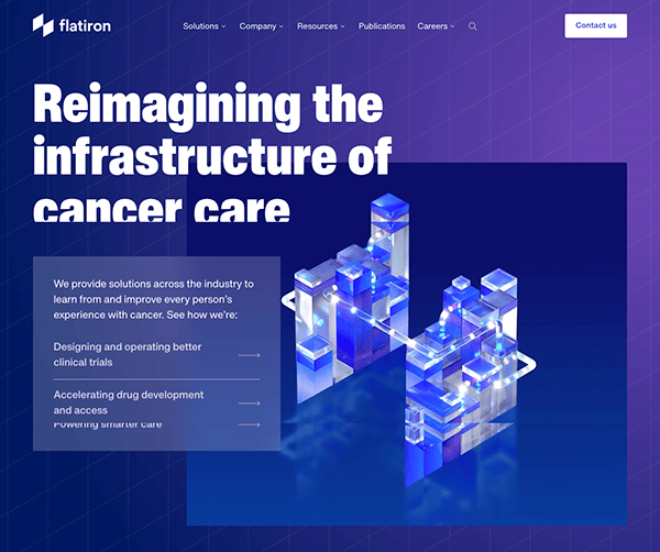 A website homepage with a headline about reimagining the infrastructure of cancer care, accompanied by abstract blue geometric graphics.
