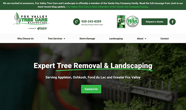 Screenshot of a tree care and landscaping company's website homepage featuring a banner that announces "expert tree removal & landscaping" with a contact button.