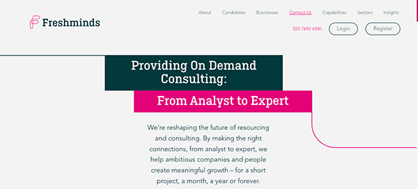 A screenshot of the freshminds website's homepage featuring the slogan "providing on-demand consulting: from analyst to expert.