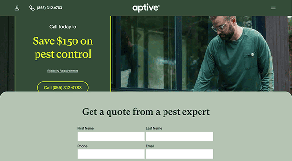 Discover one of the best pest control website designs at Aptiv, featuring $150 off, a helpful expert in a green shirt, and an easy form to get your quote today.