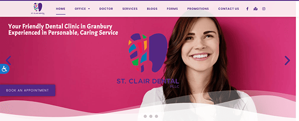 A smiling woman on a dental clinic's website banner promoting personalized and caring service.
