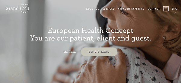 Woman holding a cup, looking through a window, on a website banner for a european health concept service.