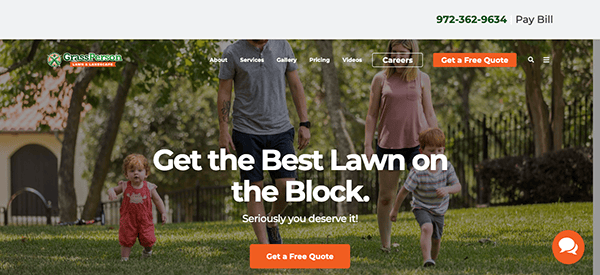 A lawn care website with a picture of a family.