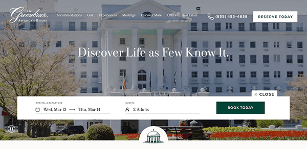 A website homepage for the greenbrier, advertising a luxury resort with an online booking option.