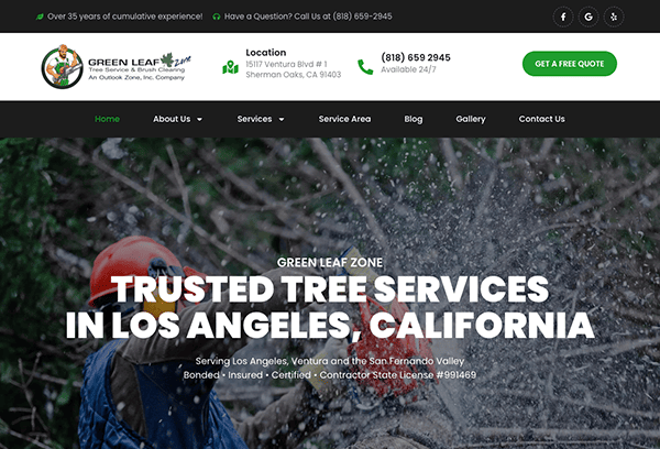 Webpage for a tree service company, highlighting their services in los angeles, california, with an image of a person in a safety helmet amidst falling tree debris.