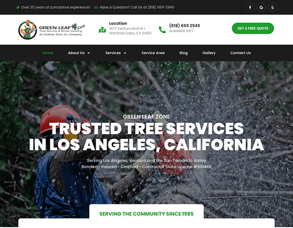 Webpage for a tree service company, highlighting their services in los angeles, california, with an image of a person in a safety helmet amidst falling tree debris.