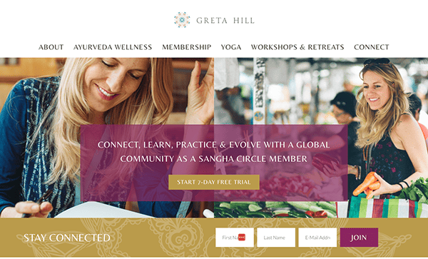 Website homepage for "greta hill," featuring sections like ayurveda wellness and yoga, with a promotion for a 7-day free trial for a community membership program.