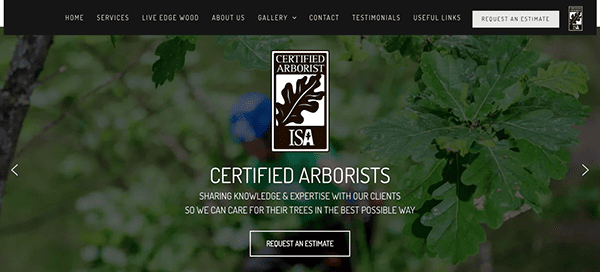 Website banner for a certified arborist service with a focus on shared knowledge and expert tree care.
