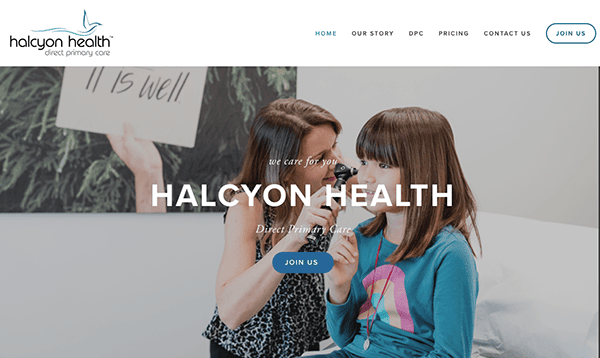 A healthcare professional checking a young patient's ear using an otoscope with the website navigation for halcyon health in the background.
