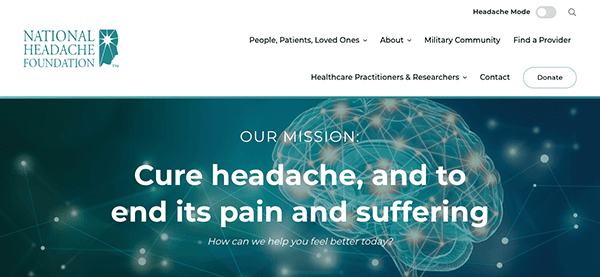 Website homepage of the national headache foundation featuring the mission statement "cure headache, and to end its pain and suffering" with a background graphic of a neural network.