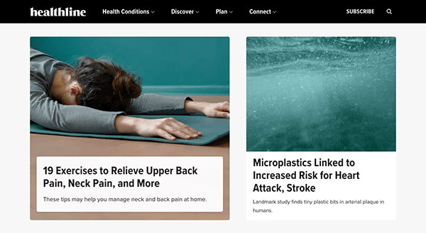 Health and wellness themed website homepage with articles on exercises for pain relief and risks of microplastics, alongside colorful icons for exploring various health topics.