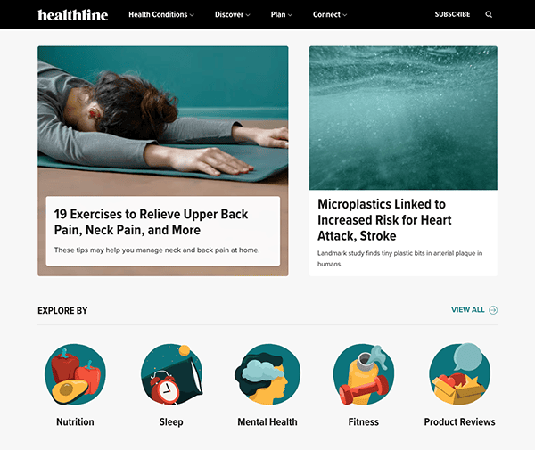 Health and wellness themed website homepage with articles on exercises for pain relief and risks of microplastics, alongside colorful icons for exploring various health topics.