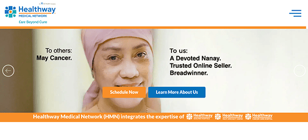 Healthcare website banner featuring a smiling woman with the message highlighting personal roles beyond being a cancer patient.