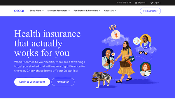 Website homepage for oscar health insurance featuring an illustration of diverse individuals engaged in various activities related to health and wellness, along with a navigational menu and options to log in or find a doctor.