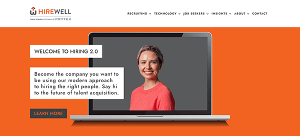 A corporate website featuring a recruitment theme with a smiling woman on a laptop screen, inviting viewers to learn more about hiring solutions.