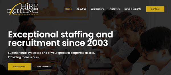 A website header for a staffing and recruitment agency with text overlay advertising exceptional staffing services since 2003, featuring an image of professionals in a meeting in the background.