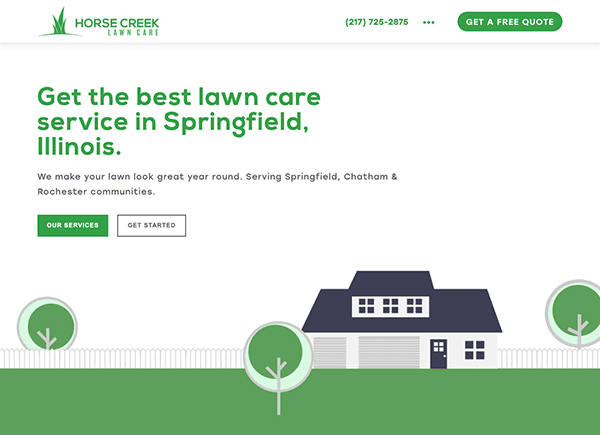A lawn care website with a green lawn and a house.