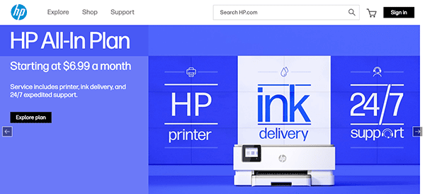 Promotional webpage for hp's all-in plan featuring printer services starting at $6.99 a month with included ink delivery and support.