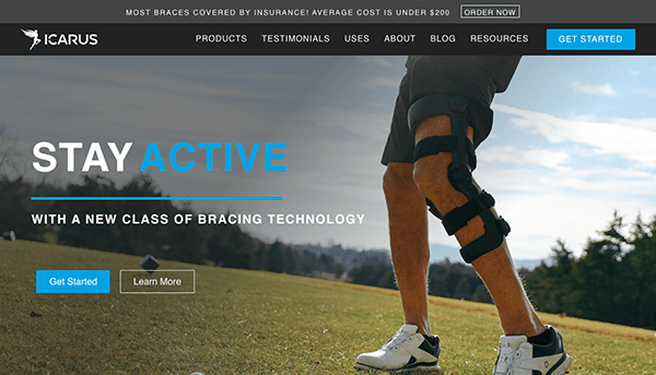 A man wearing a knee brace prepares to run on a grassy field, promoting a new class of bracing technology for active lifestyles.