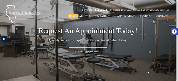 A screenshot of the illinois spinal care website's homepage featuring a call-to-action button for scheduling an appointment and an image of the clinic's treatment room with adjustment tables.