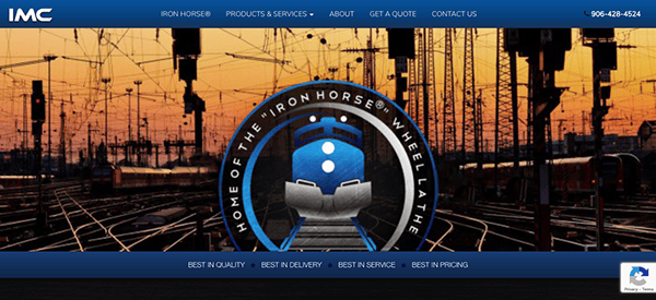 A screenshot of a railway parts company website with a logo, menu, and an image of railway tracks during dusk or dawn.