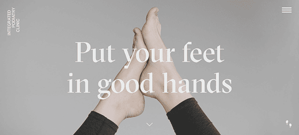 Bare feet crossed against a neutral background with the text 'put your feet in good hands' overlaid.