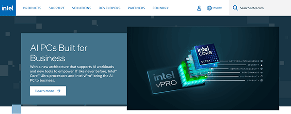 Intel vpro platform advertisement showcasing chips for ai-enhanced business computers.