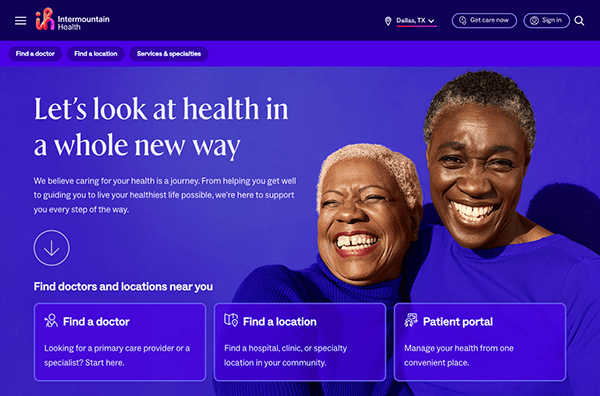 Two smiling women in purple with a background promoting healthcare services.