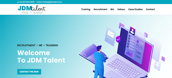 Website homepage of a recruitment and training company featuring a graphic of a person looking at a computer screen with the text "welcome to jdm talent".
