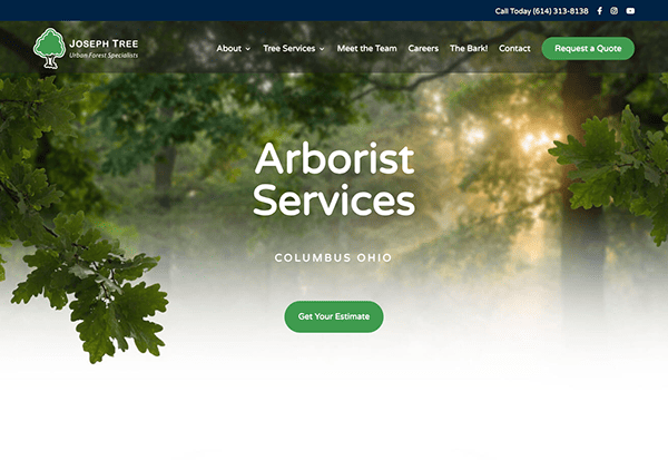 Website homepage for "joseph tree" featuring an image of lush green trees with the text "arborist services - columbus ohio" and a call-to-action button for a service estimate.