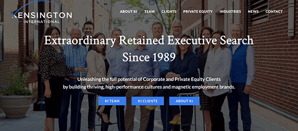 Website homepage of kensington international featuring a banner with a team photo and text highlighting their expertise in executive search since 1989.