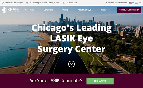 Website homepage for a lasik eye surgery center in chicago, featuring a city skyline and call-to-action for potential patients.