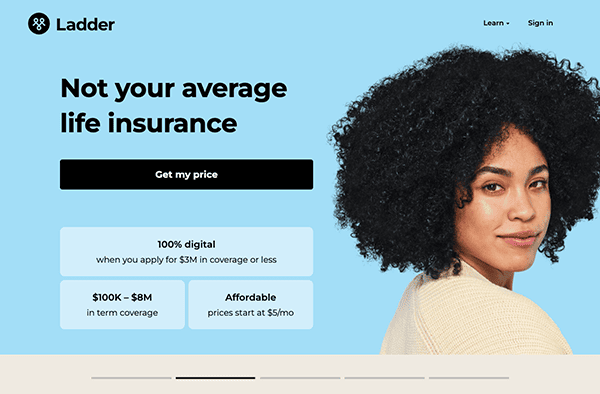 Website homepage for ladder life insurance featuring promotional information and a smiling woman with curly hair looking over her shoulder.