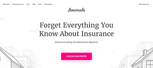 The image shows a website interface for "lemonade," an insurance company, with a call-to-action button that reads "check our prices". the headline states "forget everything you know about insurance.