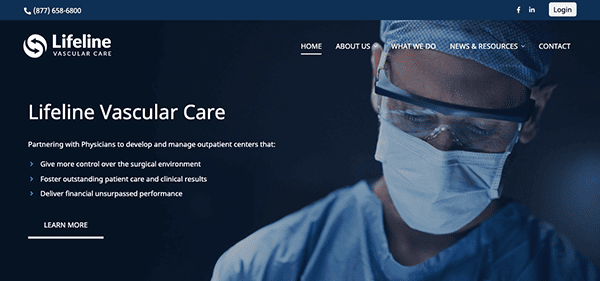 Healthcare professional in surgical attire on a medical website homepage.