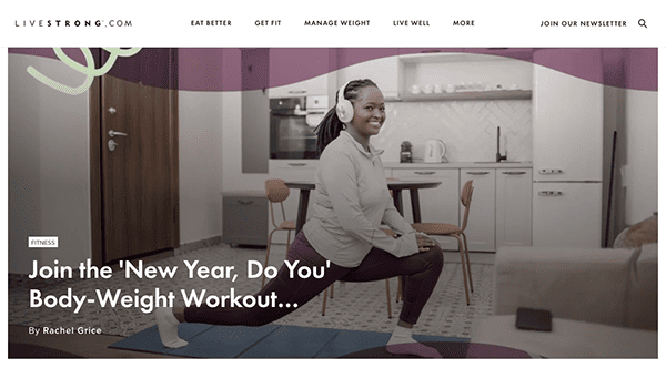 A woman smiling and performing a body-weight squat exercise in a home environment with a promotional banner for a new year workout program.
