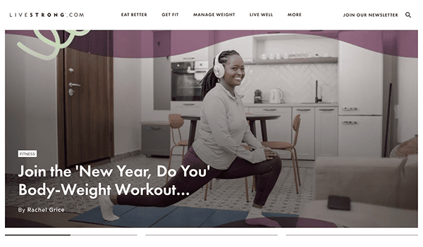 A woman smiling and performing a body-weight squat exercise in a home environment with a promotional banner for a new year workout program.
