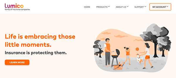 A website banner for lumico insurance featuring an illustration of a family enjoying a barbecue with a dog, alongside a slogan about valuing and protecting life's moments.