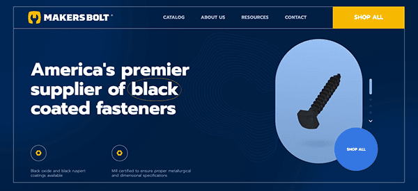 A screenshot of the homepage for makers bolt, highlighting their status as america's premier supplier of black coated fasteners.